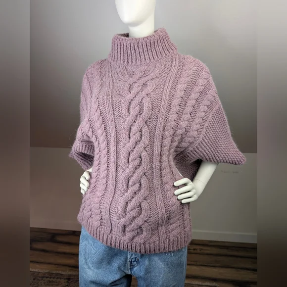 Italian Made Alpaca Blend Cable Knit Batwing Turtleneck, Size Medium - Picture 3 of 10